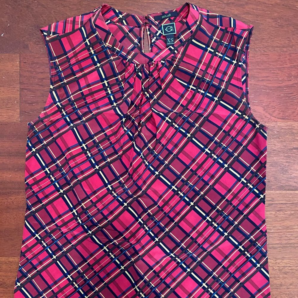 C Wonder 100% Silk Pink Plaid Blouse Size XS